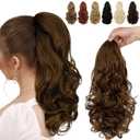 FELENDY Ponytail Extension, 15" Drawstring Ponytail Hair Extensions Long Wavy Curly Clip in Pony Tails Hairpiece for Daily Use Synthetic Light Chestnut Brown