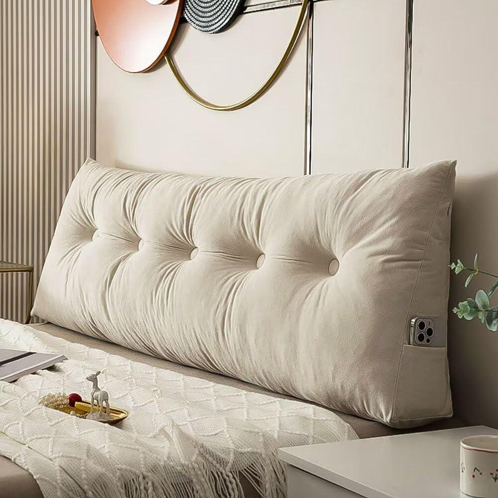 Triangular Wedge Headboard Pillows Twin XL Dorm Headboard Long Backrest Positioning Support Reading Bolster Pillow Side Pockets Wedge Pillow College Dorm Room Essentials Bed Bedroom Decor  White, Twin Size:39.4x15.7x5in