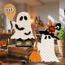 DAZONGE Halloween Decorations Indoor, 2 Pack Cute Wooden Halloween Ghost Witch Decor, Witchy Ghost with Broom & Boo Balloon Centerpieces for Party Mantel Shelf Tabletop (Orange&white)