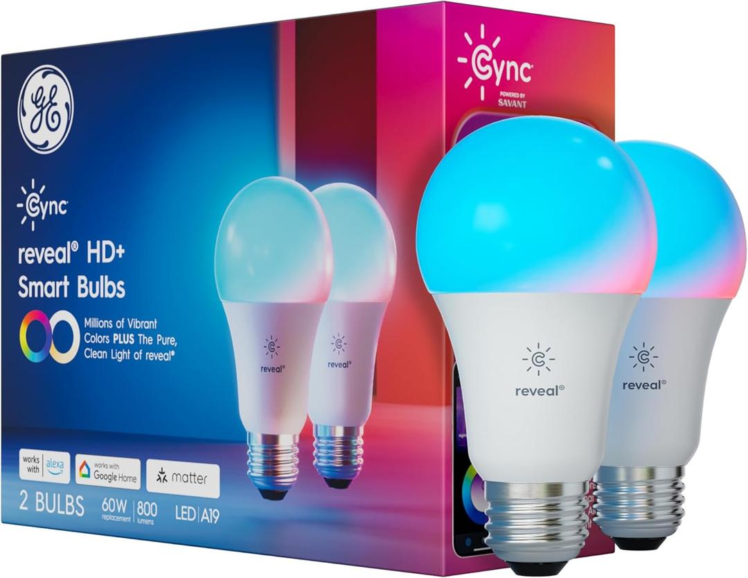 GE Cync A19 Smart LED Light Bulbs, Room Decor Aesthetic Color Changing WiFi Lights, LED Indoor Light Bulb, Compatible with Alexa and Google (2 Pack) (2 Bulbs (Pack of 1), Multicolor Works With Matter)