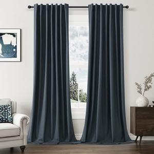 Guken 100% Blackout Linen Curtains 120 Inch Length 2 Panels Set for Living Room Bedroom Back Tab Thermal Insulated Black Out Linen Drapes Room Darkening Window Curtains,Vintage Blue
