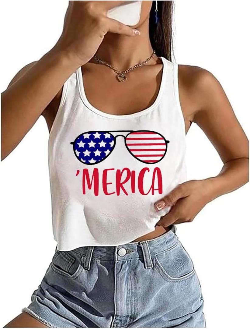American Flag Crop Tank Tops Women USA Flag Stars Stripes Graphic Tee 4th of July Patriotic Tshirt Girls Crop Tops (Large, White4)