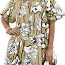 Women's Summer Short Puff Sleeve Floral Dress Button Down Loose Fit Casual Shirt Dresses (M)