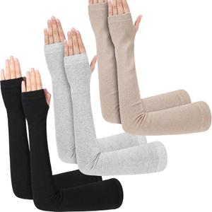 3 Pairs Sun Protection Arm Sleeves 23.6 Inch Long Fingerless Gloves for Women Cotton Arm Wrist Warmer with Thumb Hole