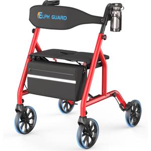 Foldable Rollator Walkers for Seniors with Seat, 8" TPR Wheels 350lb Capacity, 17.5" Padded Seat & Backrest, 7-Level Tool-Free Height Adjust, Quick Fold, Storage Bag & Cup Holder, Red