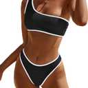 YIMISAN Women's Ribbed Bikini Sets One Shoulder Top with Mid Waist Two Piece Bathing Suit (Medium, Black&white)