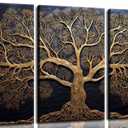 3Pcs Vintage Tree Life Canvas Wall Art Abstract Gold Tree Painting Decor Pictures Moody Modern Dark Plants Tree of Life Posters Prints for Living Room Bathroom Bedroom Decoration No Frames
