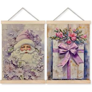 BearCake Vintage Purple Christmas Wall Art Poster Hanger Frame, Purple Christmas Decor, Fairytale Winter Xmas Floral Present Box Santa Wall Decor for Home Bedroom Living Room, 12x16 Inch Set of 2