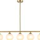 BYOLIIMA Modern Brushed Brass Linear Chandelier Over Table Frosted Striped Glass Shade Gold Mid Century Sputnik Globe Pendant Light Farmhouse Ceiling Hanging Light Fixture Dining Room Kitchen Island