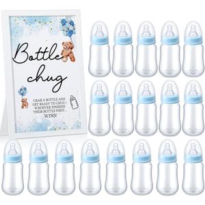Roowest Bottle Chug Baby Shower Games Favors Including 18 Pcs Feeding Bottles with Blue Bear Theme Wooden Sign for Gender Reveal Baby Shower Party Supplies