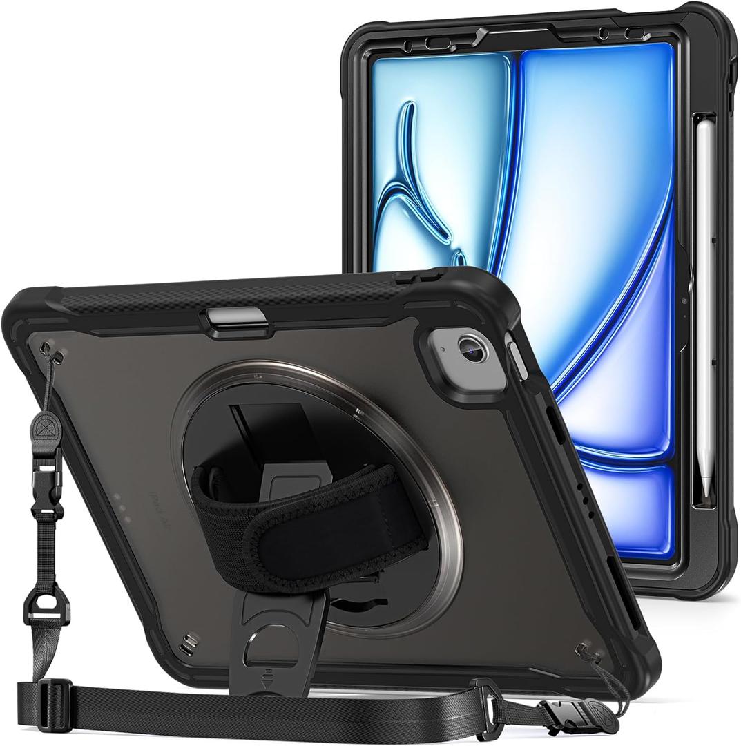 ProCase for iPad Air 11-inch 7th (M3) 2025/ 6th (M2) 2024/ Air 5th / 4th Gen 10.9"/ iPad Pro 11" 4th/3rd/2nd/1st Gen, Heavy Duty Shockproof Cover with Hand Strap 360 Degree Rotatable Kickstand -Black
