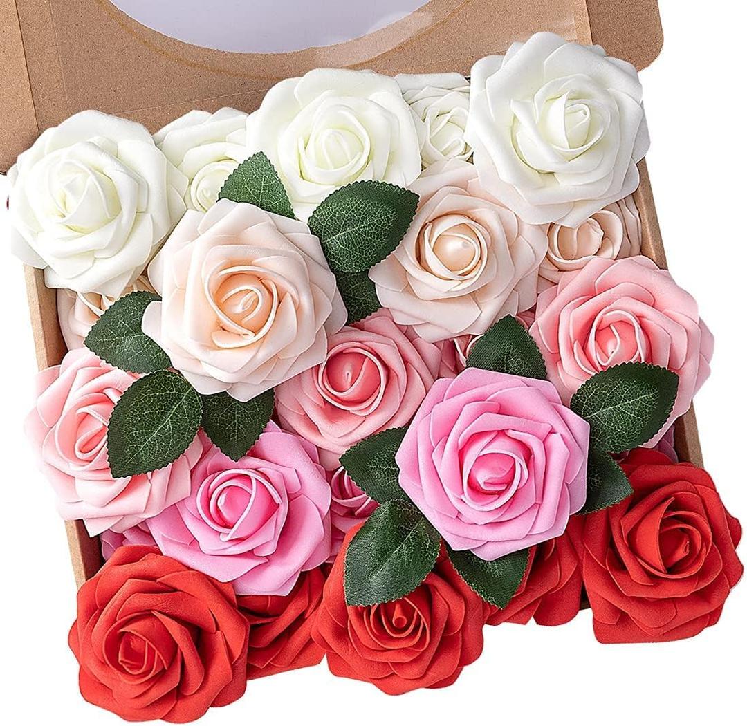 N&T NIETING Artificial Flowers 25pcs Real Looking Artificial Roses with Stems for Valentine's Day Mother's Day Wedding Bridal Bouquet Party Baby Shower Cake Decoration, Series Red