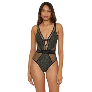 BECCA Color Play - Women's One Piece Swimsuit, Plunge Neck, Crochet, Bathing Suits for Women, Black, Medium