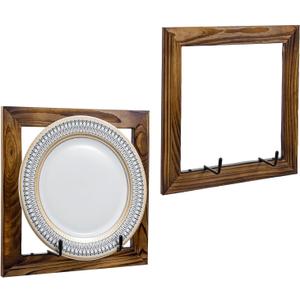 MyGift Set of 2 Wall Mounted Single Plate Holders with Decorative Wooden Frame, Rustic Burnt Solid Wood Display Racks and Black Metal Wire Hanger Hooks for 8 to 11 Inch Plates