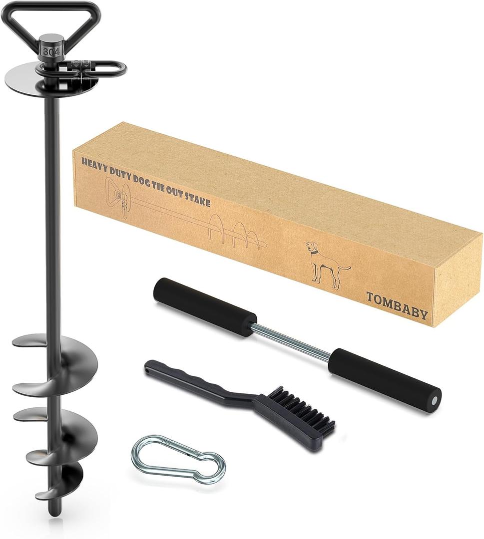 TOMBABY Heavy Duty Dog Tie Out Stake 304 Stainless Steel Dog Runner, Ground Anchor with 360 Swivel & Anti-Tangle,Use Any for to 210LBS Dogs- Dog Stakes for Outside Camping, Suitable for Any Dog Cable (17''black)