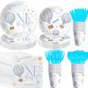 Hot Air Balloon 1st Birthday Party Supplies Boy, Mr Onederful Birthday Decorations, Plate, Napkin, Cup, Cutlery, Blue Hot Air Balloon First Birthday Party Decorations For 24 Guests