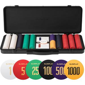 SLOWPLAY Godel Ceramic Poker Chips Set for Texas Hold'em, 500 PCS [with Numbered Values], 43mm & 12g Each | Features a High-end Chip case with Extra Durable German Polycarbonate Shell
