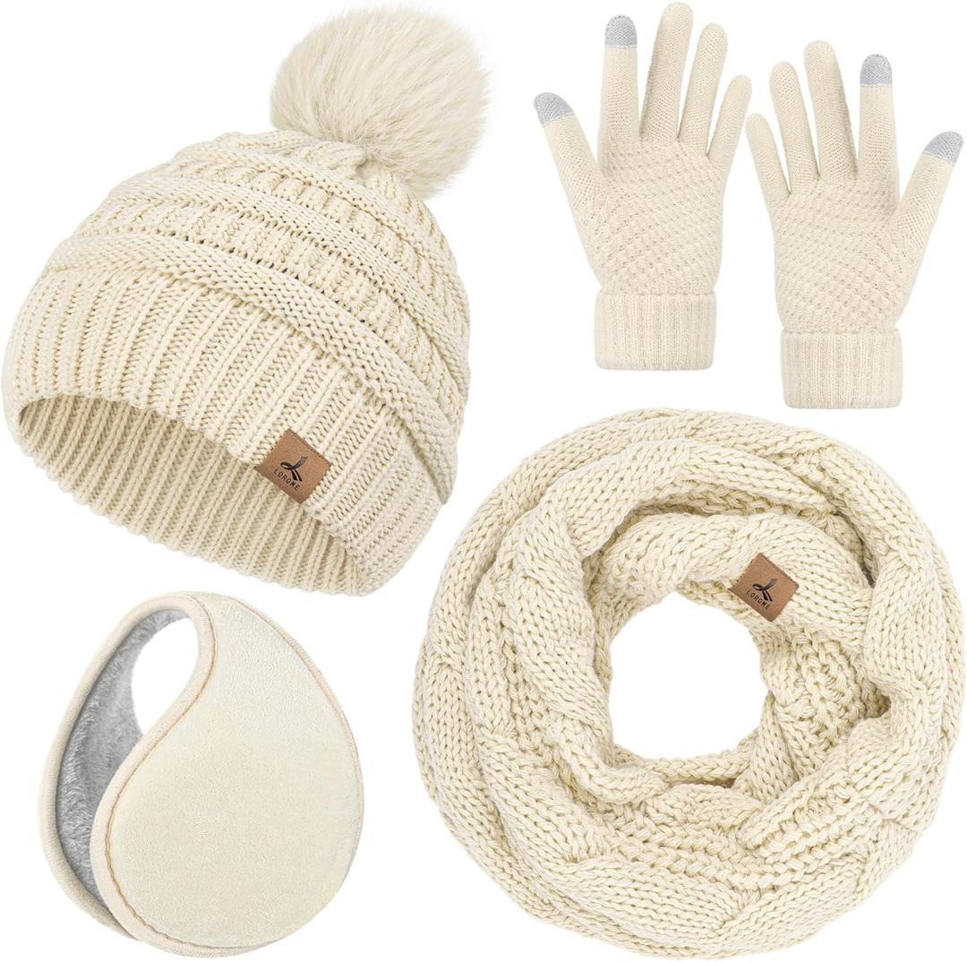 Winter Hat Scarf Gloves and Ear Warmer, Warm Knit Beanie Hat Touch Screen Gloves Set Winter Gifts Neck Scarves for Women (Beige)