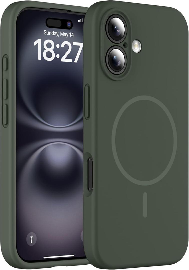 Magnetic for iPhone 16 Case, Compatible with MagSafe, Full Camera Protection, Military-Grade Protection 3.0mm Thicken Silicone Phone Cover for 16 6.1", Dark Green