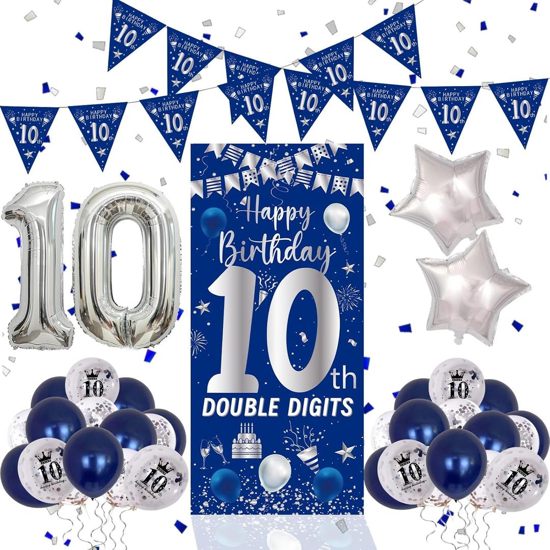 10th Birthday Decorations for Boys Girls, Blue Silver Happy 10th Birthday Double Digits Door Banner Decorations, Number 10 Foil Balloon Triangle Flag 10 Year Old Bday Party Supplies for Son Daughter