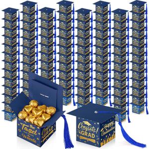 Crtiin 100 Pcs Graduation Candy Boxes with Tassel Graduation Party Favors 2024 Graduation Gifts Graduation Decorations Grad Cap Candy Box for Candy Biscuit Chocolate Supplies (Blue and Gold)