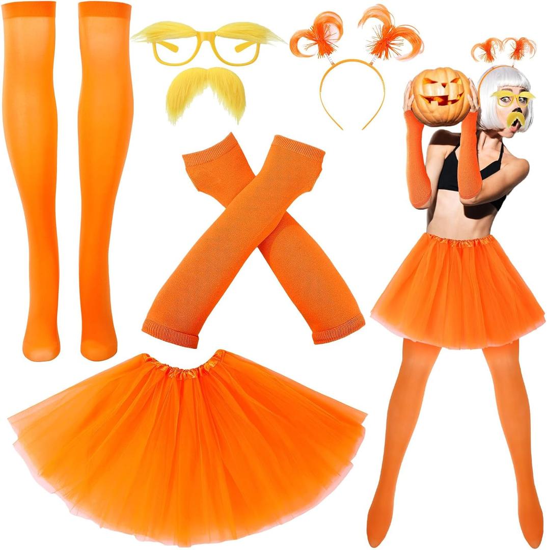 Orange Tutu Costume Accessories, Tulle Tutu Skirt Ponytail Headband Eyebrow Glasses Fake Mustache Gloves Sock for Women Halloween Cosplay, One Size