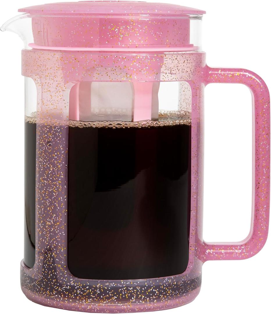 Paris Hilton Cold Brew Coffee Maker, Durable 1.6 Quart Borosilicate Glass Carafe with Stainless Steel Filter, Glitter Pink, 38 oz