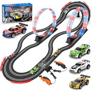 2-in-1 Slot Car Race Track Sets with 4 High-Speed Cars, Electric Track, Dual Racing Game with 2 Controllers, Circular Overpass Design Featuring Flash Tracks. Toy Gift for Boys Kids Ages 4-6 6-8 8-12