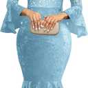 Midi Lace Dress for Women Sexy Bodycon Fishtail Dress Elegance Cocktail Party Banquet Church Outfits (Blue, M)