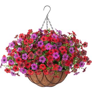 Artificial Silk Flowers Hanging Baskets Outdoors Indoors, Daisy with Eucalyptus Leaves Arrangement for Garden Yard Spring Summer Decor Faux Green Plant Metal Coconut Lining (Red Purple Red Brown)