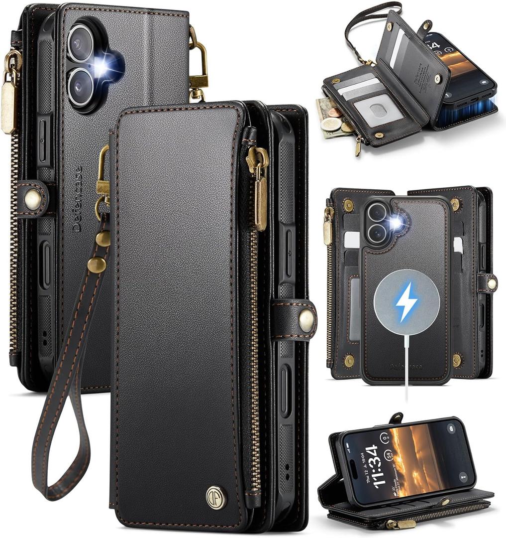 Defencase for iPhone 16 Plus Magnetic Wallet Case Compatible with Magsafe with RFID Blocking Zipper Strap Card Holder for Women Men PU Leather Detachable Case for iPhone 16 Plus (6.7 inches), Black