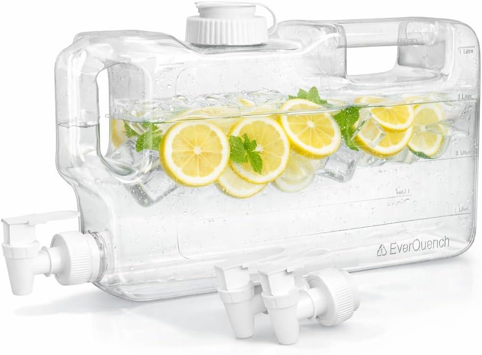 Refrigerator Water Dispenser 1.1 Gallon Bottle with 2 Spigots - BPA Free Plastic Slim Water Jug with Spout Leak Proof | Refillable Fridge Water Container, Convenient Handles (Clear)