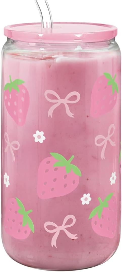 SANDJEST Strawberry 16 Oz Can Glass Tumbler with Acrylic Lid and Straw - Iced Coffee Cups for Women, Aesthetic Glass Cup Gift for Birthday Christmas