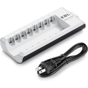 EBL AA AAA Battery Charger, 8-Bay Individual Charger for NiMH NiCD Rechargeable Batteries with AC Plug Fast Charging - White