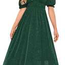 Womens Sparkly V Neck Midi Dress Shprt Sleeve Sequin Glittery Party Dress with Elastic Waist Cocktail Evening Gown (Large, Darkgreen)