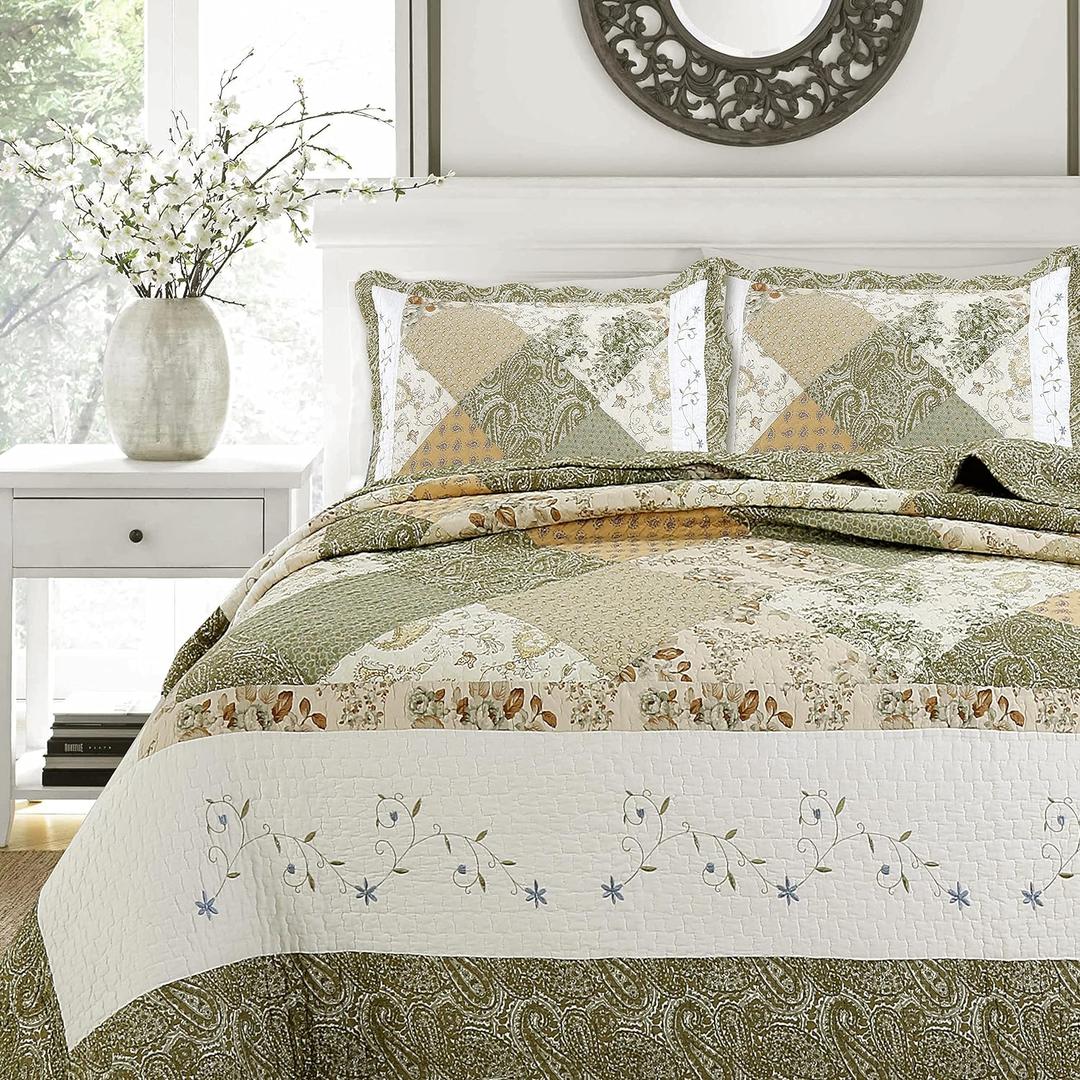 Cozy Line Home Fashions Floral Real Patchwork Green Beige Khaki Yellow Scalloped Edge Country 100% Cotton Quilt Bedding Set, Reversible Coverlet Bedspread (Laura, King - 3 Piece)