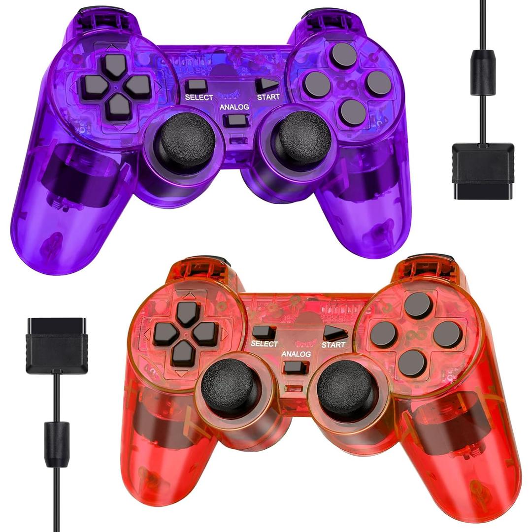 Doueuain Wired Controller for PS2, 2 Pack Gamepad Remote Double Shock Compatible with Plays tation 2, with 1.8M CableClear Red and Clear Purple