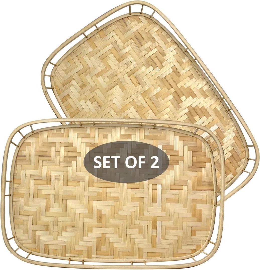 PEMAR Large Bamboo Wicker Serving Trays Set of 2 19.3 x 13.8 Rectangular Hand-Woven Lap/Breakfast Trays with Handles Rustic & Decorative Kitchen, Coffee Table & Bed Tray