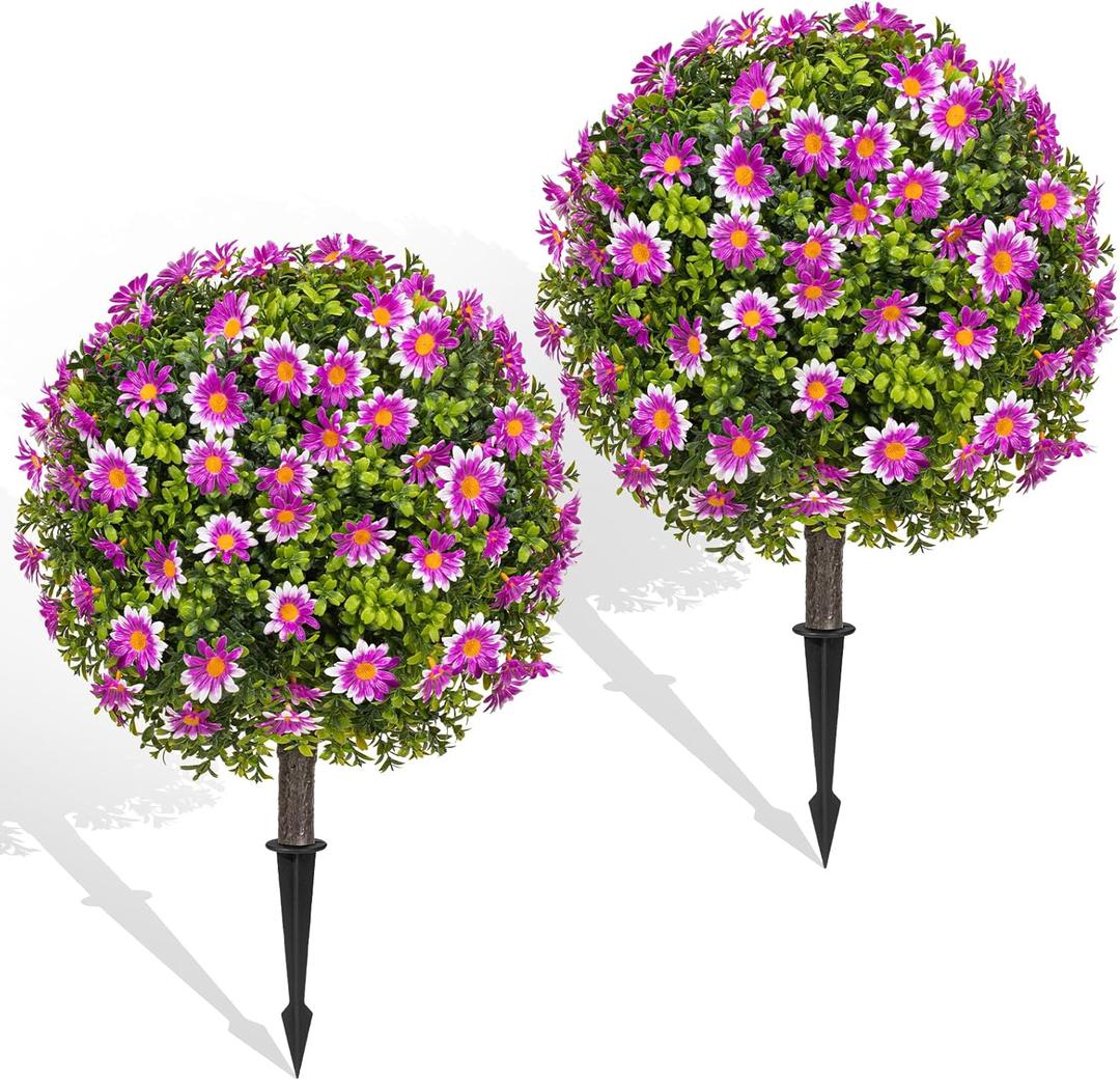 Faux Outdoor Plants - 18" Wide Set of 2 Artificial Boxwood Plants Outdoor, UV Resistant Artificial Topairy Ball Trees with Spike for Outdoor Decor (With Purple Flower)