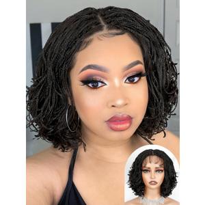 FANCEE Curly Braids Bob Wig Double Full Lace Curly Micro Box Braided Bob Wig with Baby Hair Pre Plucked Knotless Squrare Part Mini Braid Twist Locs Wig for Black Women