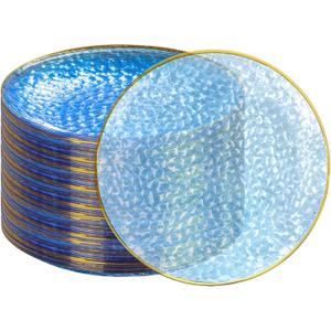 DaYammi 100PCS Blue and Gold Plastic Plates - 10 inch Clear Blue Gold Dinner Plates - Hammer Pattern Design - Fancy Disposable Plates - Heavy-Duty Party Plate for All Occasions