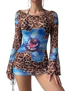 ZAFUL Womens Swimsuit Cover Up Dress Off Shoulder Hollow CoverUp Bathing Suit Mesh Swim Beach Dress 0-1Brown M