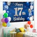 Happy 17th Birthday Decorations,17th Blue & Silver Balloon Large Birthday Banner Backdrop Sign,Cheers to Seventeen Years Old Bday Party Supplies.