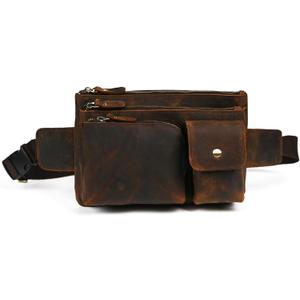 Thick Crazy Horse Leather Hiking Riding Travel Outdoor Belt Bag Fanny Waist Pack Small Phone Pouch For Men Women 380 (386 Brown)