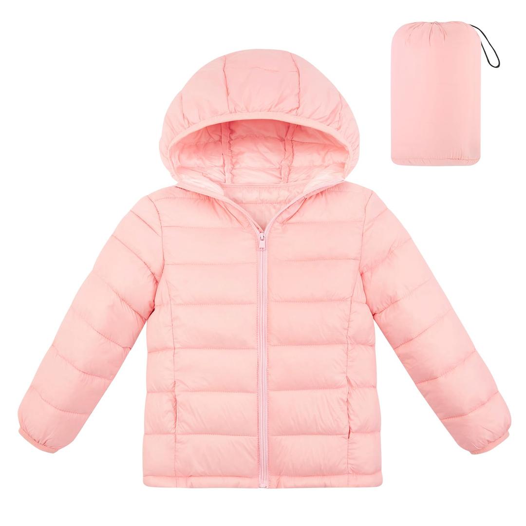 Lovekider Girls Warm Coat Size 8-9 Packable Zip Up Puffer Down-alternative Jacket Cute Hooded Coats Outwear with Pockets, Pink