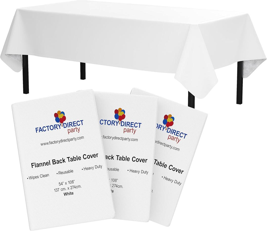 White Vinyl Tablecloths - 54 In. X 108 In. - Pack Of 3 Rectangle Tablecloth - White Flannel Backed Vinyl Tablecloths For Rectangle Tables - Plastic Table Cloths With Flannel Backing - Waterproof