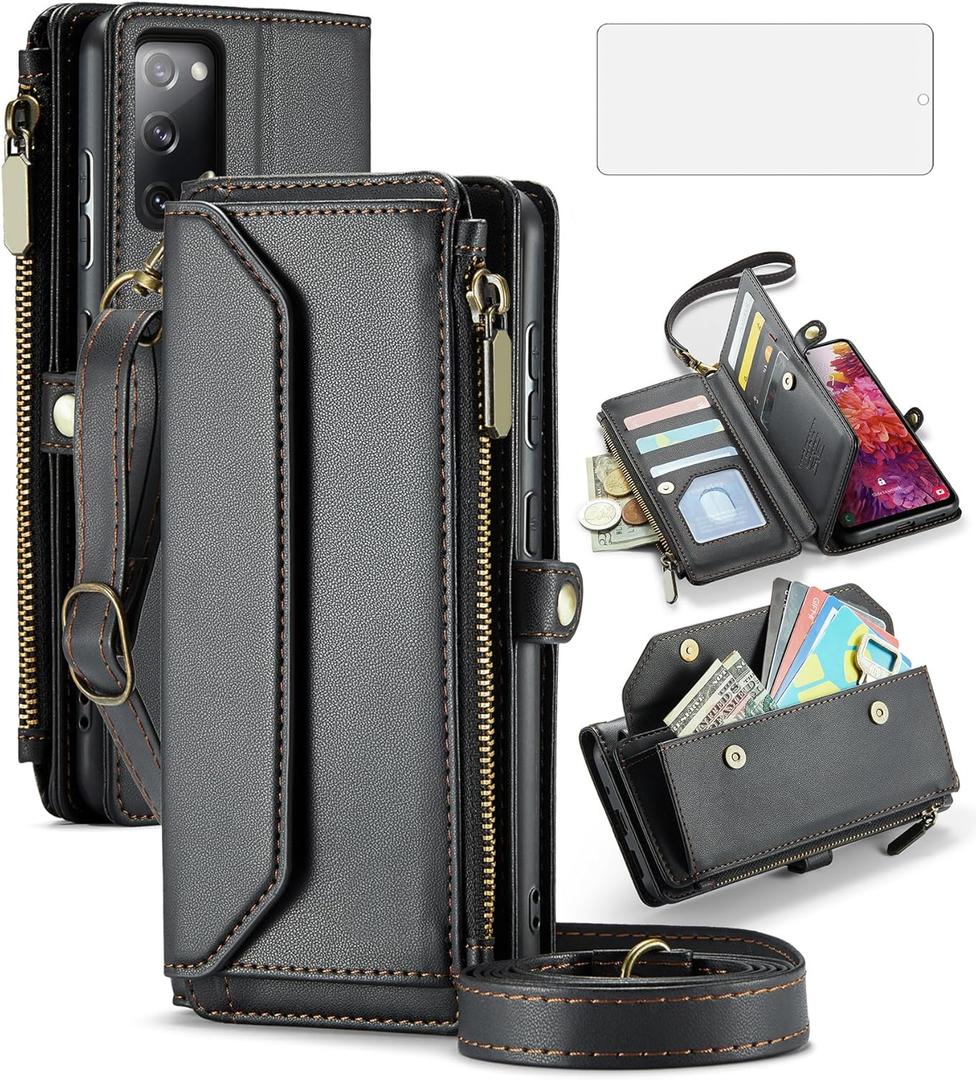 Asuwish Phone Case for Samsung Galaxy S20 5G 6.2 inch Zipper Wallet Cover with Tempered Glass Screen Protector and Flip RFID Blocking Credit Card Holder Stand Cell S 20 20S UW S2O G5 Women Girls Black