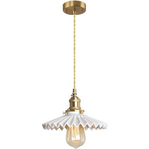 White Ceramic Pendant Light Fixture with On/Off Switch, Pleated Chandelier Design with E26 Socket, for Kitchen Island, Dining Room, and Hallway 7.87 Inch Diam