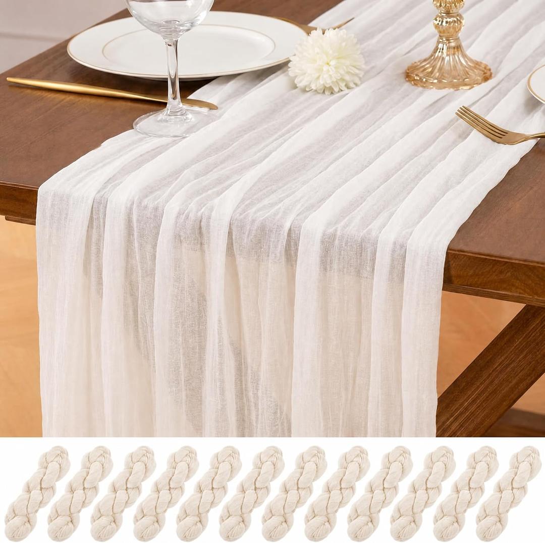 12 Pack Ivory White Table Runner 10Ft Cheesecloth Table Runner Rustic Gauze Table Runners Romantic Long Sheer Fabric Cheese Cloth Table Runners for Wedding Party Bridal Baby Shower