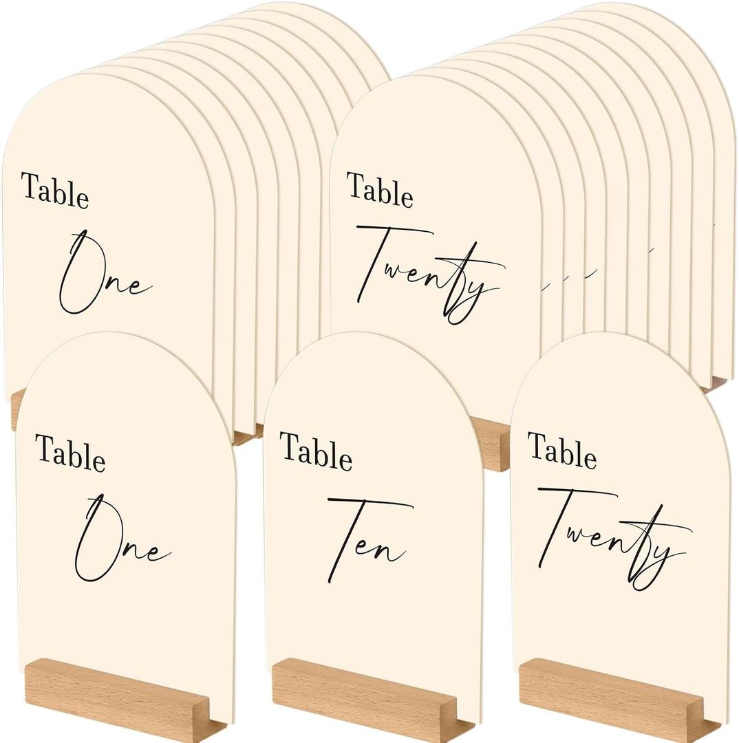 Arch Wedding Table Numbers 1-20 with Stands, 5 x 7 Inch Acrylic Table Numbers for Wedding Reception, Double Sided Tables Signs for Anniversary Banquets Party Restaurant Centerpieces Decoration